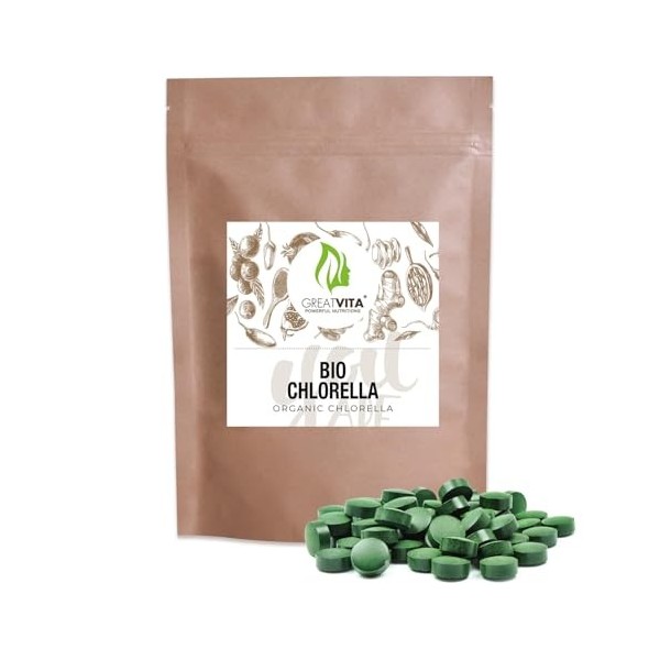 GreatVita Chlorella Bio Lot de 1 600 comprimés de chlorelle bio - 500 mg - 800 g - Sans additifs - Végétalien et durable - Ri