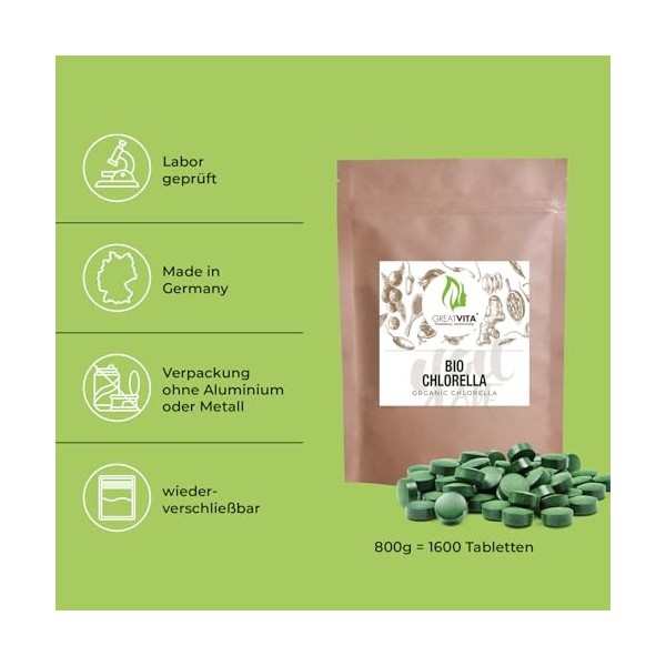 GreatVita Chlorella Bio Lot de 1 600 comprimés de chlorelle bio - 500 mg - 800 g - Sans additifs - Végétalien et durable - Ri