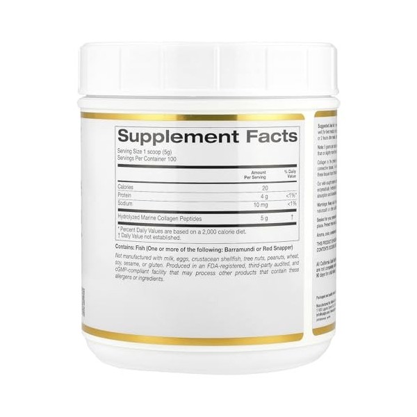 Peptides de collagène marin hydrolysés, non aromatisés, 500 g, California Gold Nutrition