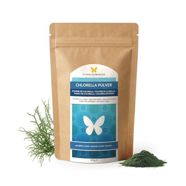 500 g de poudre de chlorelle, 100% naturelle, contrôlée pour les résidus, sans additifs, parois cellulaires rompues, transfor