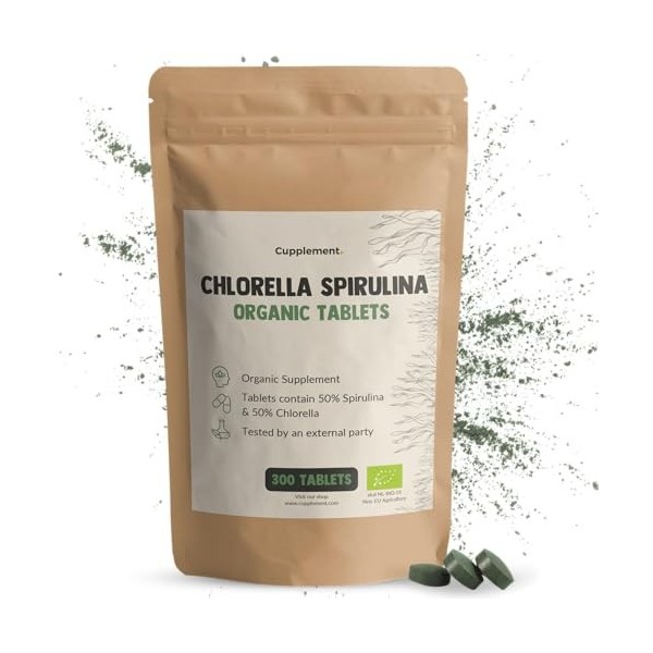 Cupplement Spirulina Chlorella 300 comprimés dalgues 500 MG par comprimé Organic - No Capsule, Flakes or Powder - Algae - Su