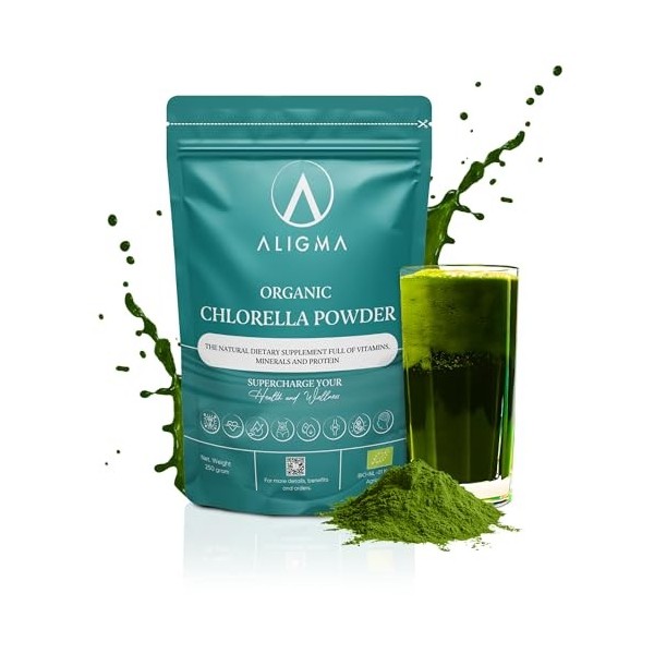Aligma Organic Chlorella Powder 250 Gram for Immune System Booster, Super Greens Powder, Natural Source of Vegan Protein, Min