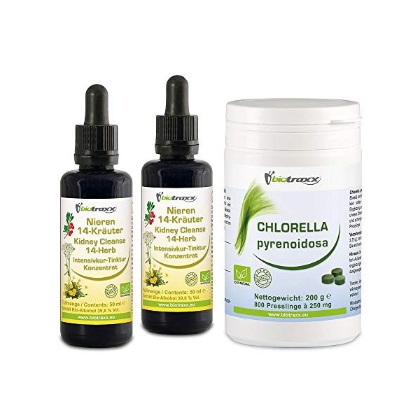 Biotraxx - Nettoyant pour les reins et les bulles 100% naturel - 2 x 50 ml dencre + 200 g de chlorella - Fabriqué en Allemag