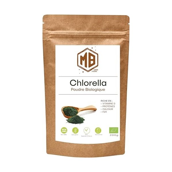 MB Superfoods - Poudre de chlorelle biologique de qualité supérieure 200 g, supplément de chlorelle de haute qualité pour le 