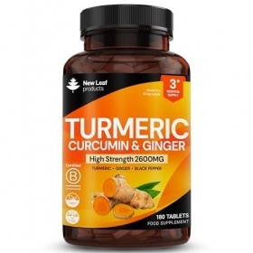 New Leaf 180 Comprimés de Curcuma avec Gingembre et Poivre Noir, Complément de Curcuma Actif 2 600 mg, 95% dExtrait de curcu