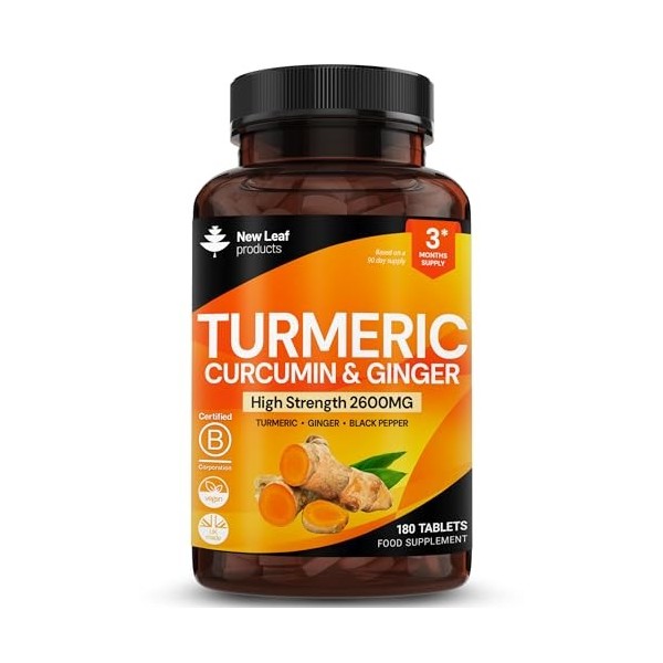 New Leaf 180 Comprimés de Curcuma avec Gingembre et Poivre Noir, Complément de Curcuma Actif 2 600 mg, 95% dExtrait de curcu