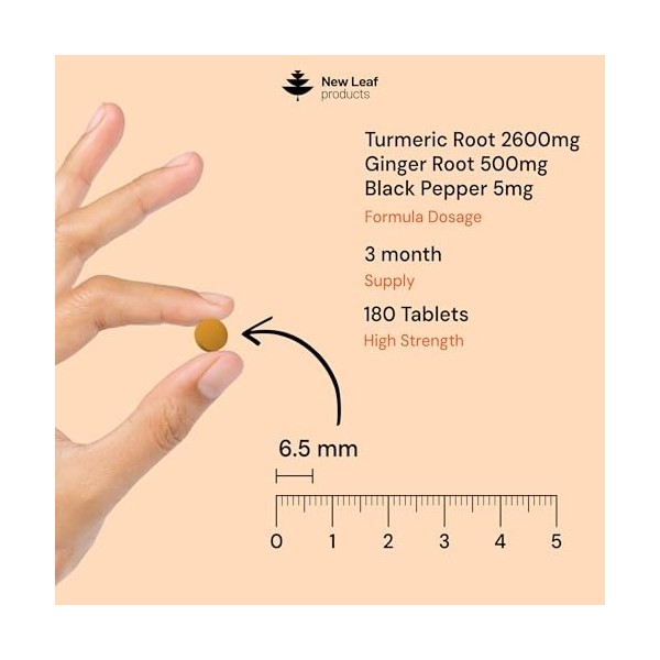New Leaf 180 Comprimés de Curcuma avec Gingembre et Poivre Noir, Complément de Curcuma Actif 2 600 mg, 95% dExtrait de curcu