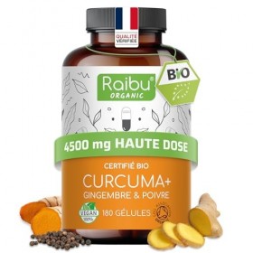 Curcuma gingembre poivre noir 4500mg, 180 gélules de curcumine bio - curcuma bio gelule anti inflammatoire, bien-être articul