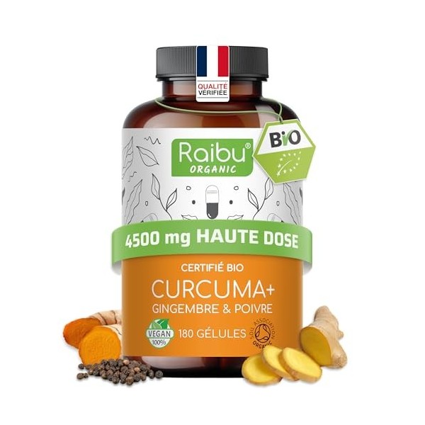 Curcuma gingembre poivre noir 4500mg, 180 gélules de curcumine bio - curcuma bio gelule anti inflammatoire, bien-être articul