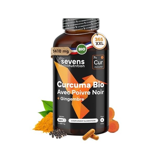 Curcuma Bio Gélule Anti Inflammatoire avec Gingembre et Poivre Noir – 1410 mg par Dose – 365 Gélules – Format XL Éco – Complé