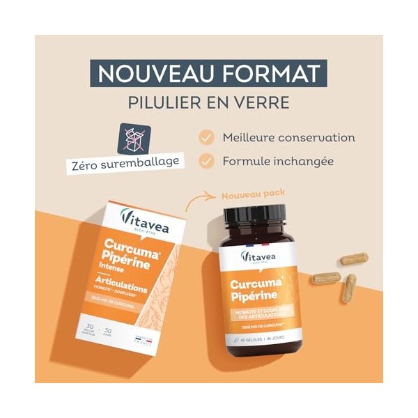 Vitavea Bien-être - Complément Alimentaire Articulations – Mobilité & Souplesse – Curcuma Pipérine - Concentré en curcuma : 1
