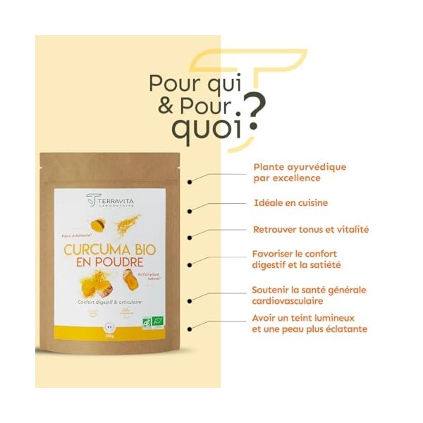 Curcuma BIO Premium en Poudre 250g | Jusqu’à 5% de Curcumine | Articulations, Mobilité, Digestion, Peau | Sans Gingembre, San