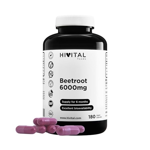 Betterave 6000 mg. 180 gélules vegan pour 6 mois de traitament. Extrait Naturel de Beetroot. Fabriqué en Europe par HIVITAL