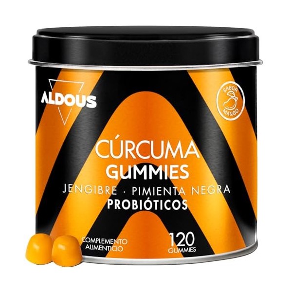 Curcuma avec Gingembre et Poivre Noir + PROBIOTIQUES - 2500mg - 120 gommes - Goût Naturel de Mangue Épicée - Antioxydant, A