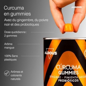 ﻿Curcuma avec Gingembre et Poivre Noir + PROBIOTIQUES - 2500mg - 120 gommes - Goût Naturel de Mangue Épicée - Antioxydant, A
