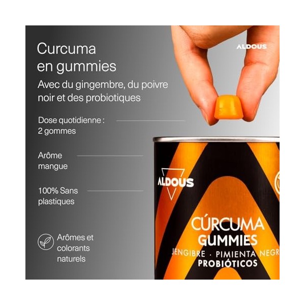 Curcuma avec Gingembre et Poivre Noir + PROBIOTIQUES - 2500mg - 120 gommes - Goût Naturel de Mangue Épicée - Antioxydant, A