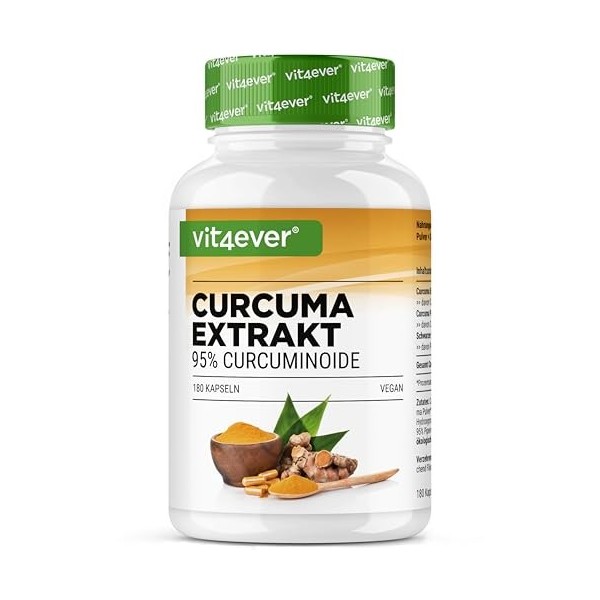 vit4ever Extrait de Curcuma hautement dosé - 180 Gélules - 500 mg de Curcumine par portion journalière - 95% de Curcumine – E