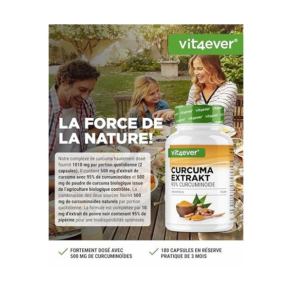 vit4ever Extrait de Curcuma hautement dosé - 180 Gélules - 500 mg de Curcumine par portion journalière - 95% de Curcumine – E