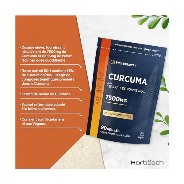 Curcuma Gelules 7500mg | Haute Résistance | Curcumine con Poivre Noir | Turmeric Curcumin with Black Pepper | Horbaach