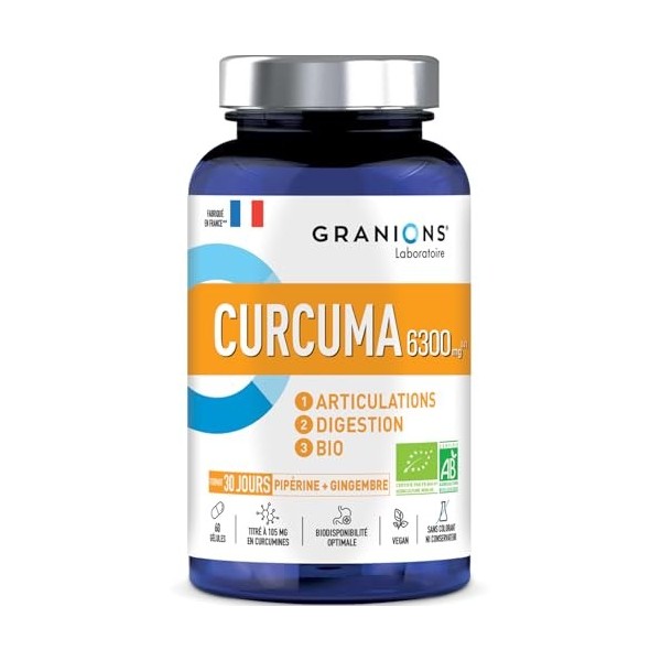 GRANIONS – Curcuma 6300 mg Bio – Articulations & Digestion – Curcumine 105 mg + Gingembre +Dginger + Poivre Noir Pipérine – C