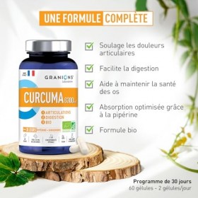 GRANIONS – Curcuma 6300 mg Bio – Articulations & Digestion – Curcumine 105 mg + Gingembre +Dginger + Poivre Noir Pipérine – C