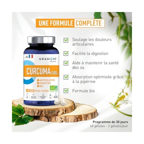 GRANIONS – Curcuma 6300 mg Bio – Articulations & Digestion – Curcumine 105 mg + Gingembre +Dginger + Poivre Noir Pipérine – C