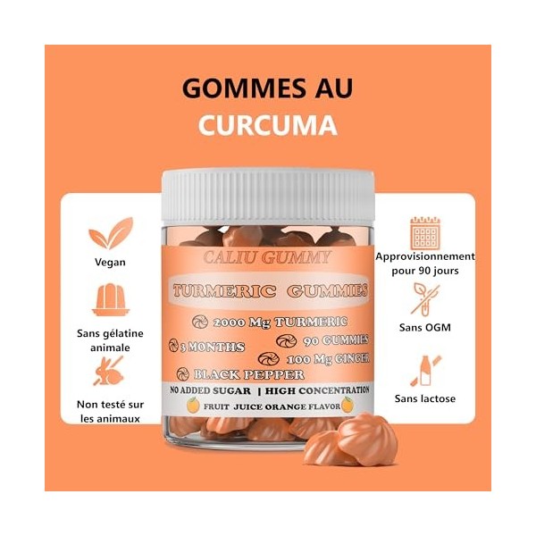 Curcuma 2000 mg avec Gingembre et Poivre Noir – Gommes à Mâcher Haute Concentration en Curcuminoïdes – Complément Alimentaire