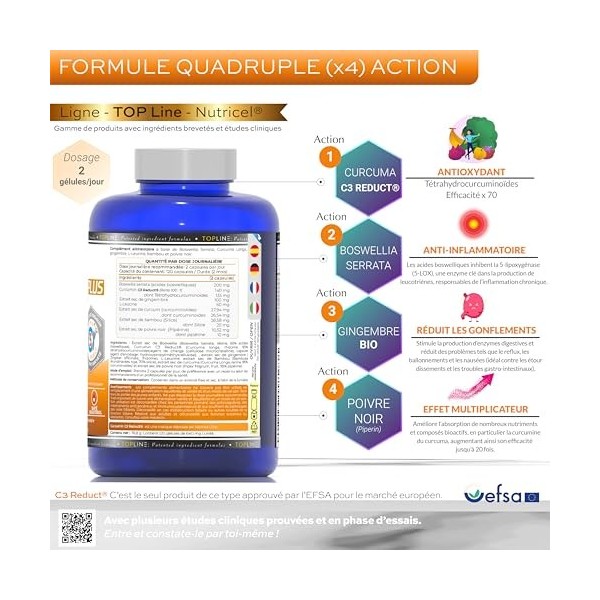Curcuma C3 Reduct® brevetée avec Extrait de Boswellia, Gingembre et Poivre Noir, Puissant Anti-inflammatoire et Antioxydant N