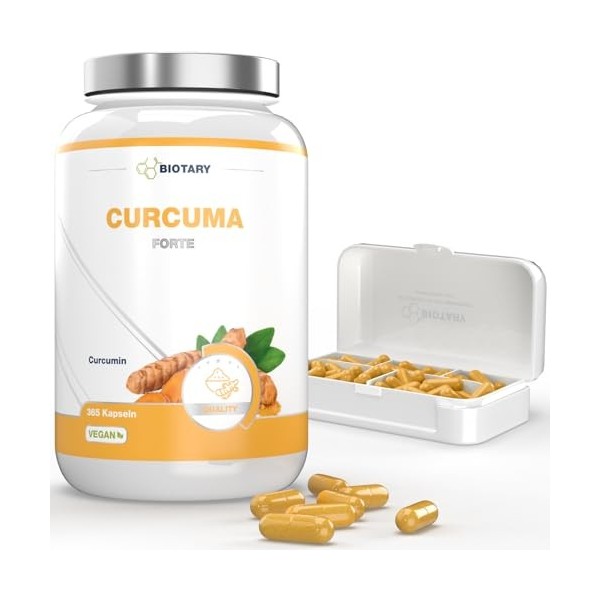 Curcuma Forte - 365 gélules - 4500 mg par portion quotidienne - pilulier inclus - Hautement dosé - Vegan - Poivre noir - Test