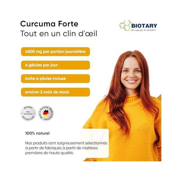 Curcuma Forte - 365 gélules - 4500 mg par portion quotidienne - pilulier inclus - Hautement dosé - Vegan - Poivre noir - Test