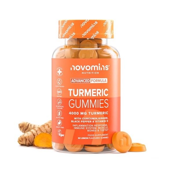 Gommes à mâcher au curcuma – Curcuma et gingembre haute concentration 4000 mg avec curcumine, poivre noir et vitamine D – Sou