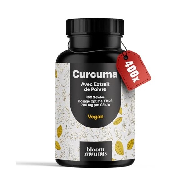 Curcuma Gelules 700 mg - 400 Gelules avec Extrait de Poivre Noir - Curcuma & Piperine - Vegan - Produit en Allemagne