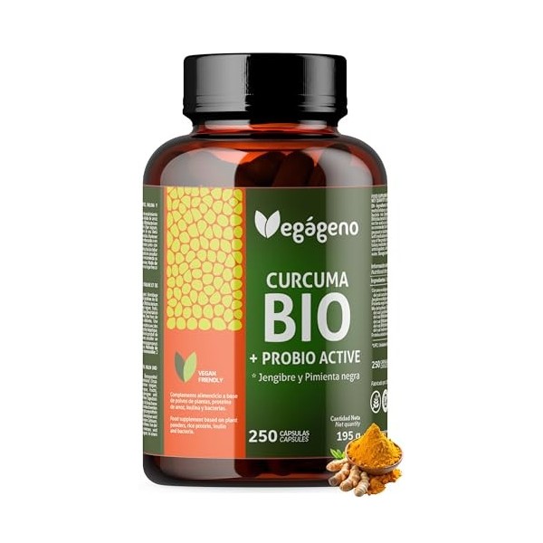 Curcuma Bio en Gélules avec Gingembre et Poivre Noir – 250 Gélules | Curcumine & Pipérine | Avec Probiotiques 200 Millions d