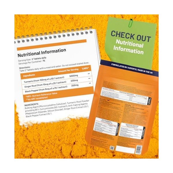 Comprimés de curcuma 5400 mg avec poivre noir et gingembre – Suppléments de curcuma 95% curcumine | 150 comprimés faciles à a