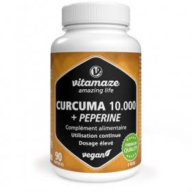 Curcuma 10.000 mg hautement dosé en 1 gélule avec Pipérine + Curcumine, 90 gélules dextrait de Curcuma bioactif pour 3 mois,