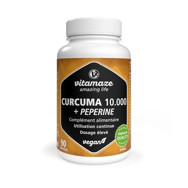 Curcuma 10.000 mg hautement dosé en 1 gélule avec Pipérine + Curcumine, 90 gélules dextrait de Curcuma bioactif pour 3 mois,