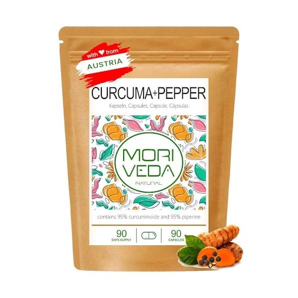Capsules de curcuma au poivre - extrait de 10 000 mg de curcuma, curcumine et pipérine - approvisionnement de 3 mois - végéta