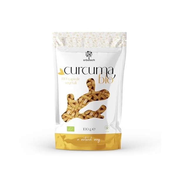 Gélules de curcuma ERBOTECH BIO, paquet de 100g, env. 140 gélules, 100% pures et biologiques, concentrées et sans additifs, c