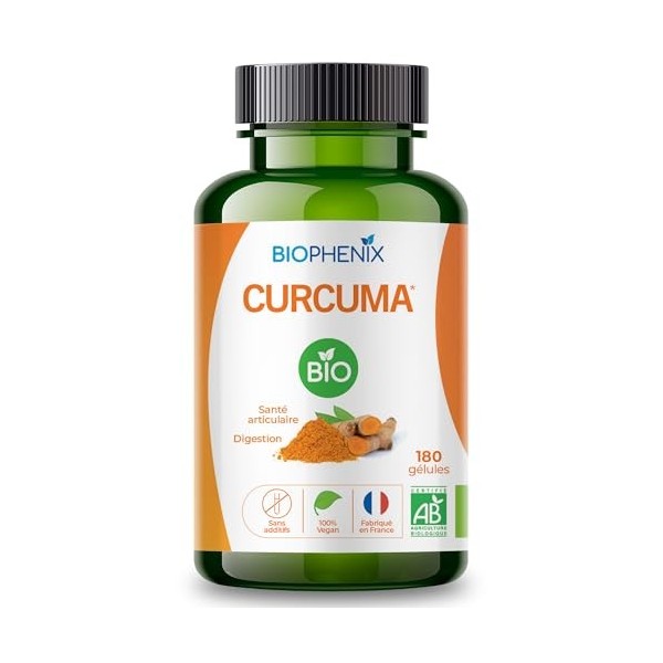 Biophénix Curcuma Bio 180 Gélules - Complément Alimentaire BIO 100% Naturel à Base de Végétaux - Contribue à la Santé des Art
