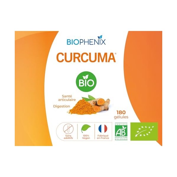 Biophénix Curcuma Bio 180 Gélules - Complément Alimentaire BIO 100% Naturel à Base de Végétaux - Contribue à la Santé des Art