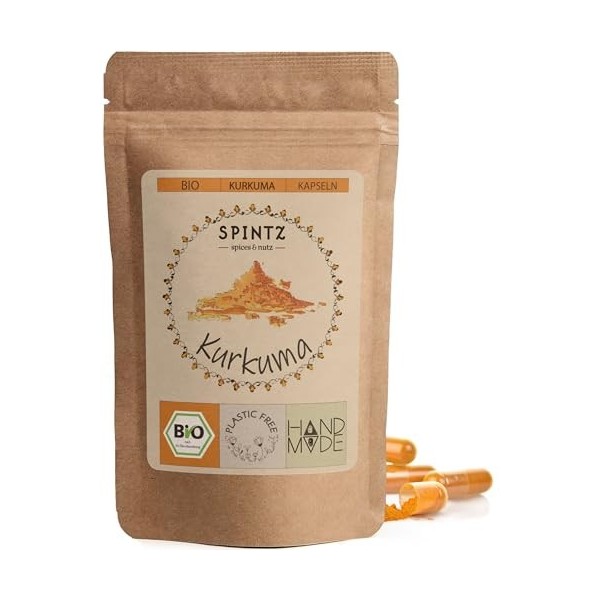 SPINTZ Lot de 420 capsules de curcuma bio - 620 mg de poudre de curcuma par capsule - Poudre de curcurma moulu, racine jaune