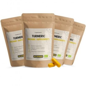 Cupplement - 4 sachets de curcuma 100 capsules - Pilulier gratuit - Avec Pipérine au poivre noir - Bio - 600 MG par capsule -