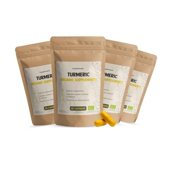 Cupplement - 4 sachets de curcuma 100 capsules - Pilulier gratuit - Avec Pipérine au poivre noir - Bio - 600 MG par capsule -