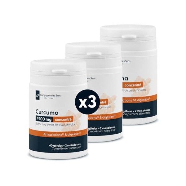 Curcuma 7900 mg – Extrait titré à 95% de curcuminoïdes – 60 gélules végétales – Cure 2 mois – Gélules France Curcuma