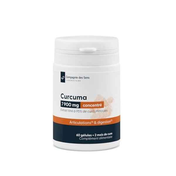 Curcuma 7900 mg – Extrait titré à 95% de curcuminoïdes – 60 gélules végétales – Cure 2 mois – Gélules France Curcuma