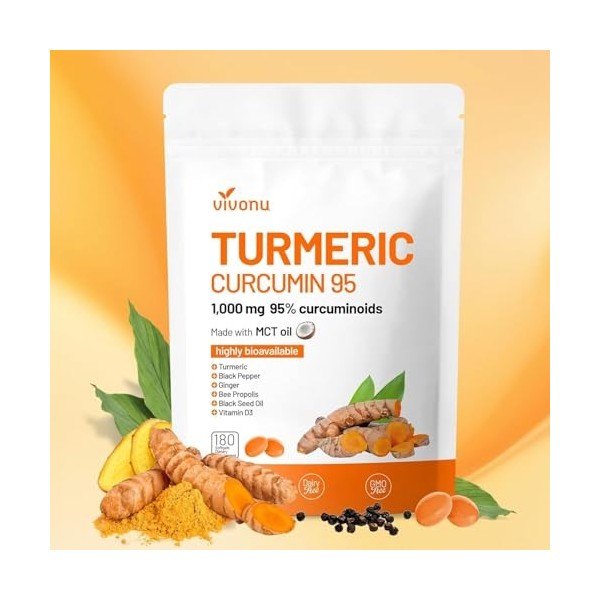 VivoNu Curcuma, Poivre Noir & Gingembre | Recette dâOrigine Naturelle | 180 unitĂ©s | Vegan & Sans OGM