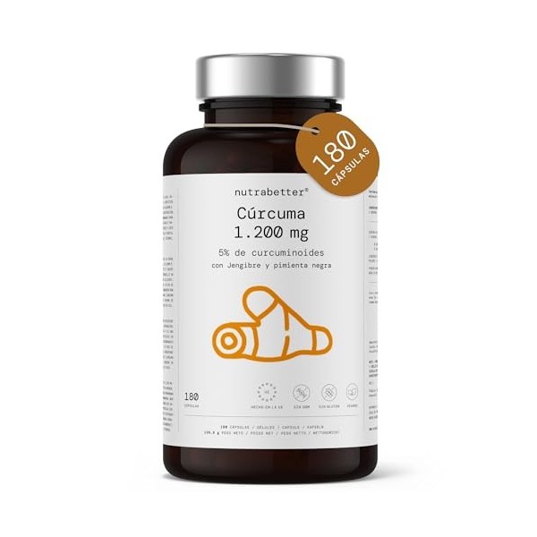 Curcuma Capsules 1200 mg au gingembre et au poivre noir | 180 Capsules végétaliennes pour un approvisionnement de 3 mois | Cu