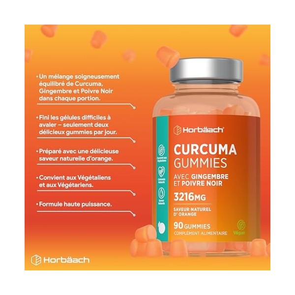Curcuma Gingembre Poivre Noir Gummies | 90 Gommes Vegan | Extrait de Curcuma Piperine | Extrait de Poivre Noir | Haute Dose |