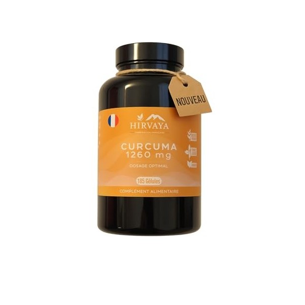 Curcuma 1260 mg | 185 Gélules Végan | Cure 3 Mois | Articulations & Digestion | Fabriqué en France | Sans Gluten ni Lactose -