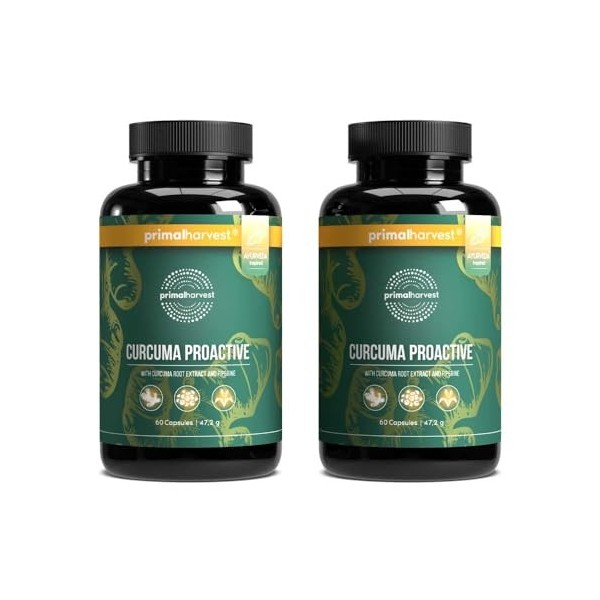 Primal Harvest® Lot de 2 extraits de curcuma de curcuma avec poudre de curcuma bio BioPerine® 95% curcuminoïdes testés en lab